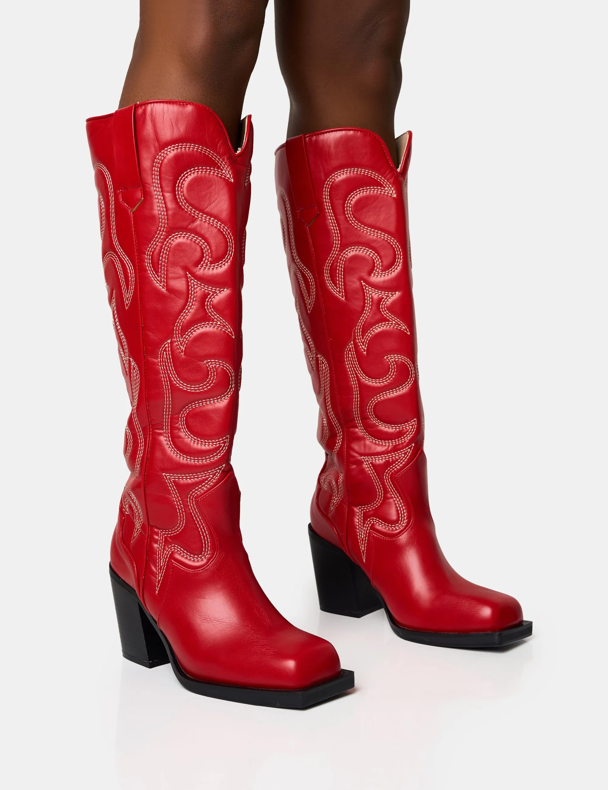 Austine Red Western Block Heel Knee High Boots