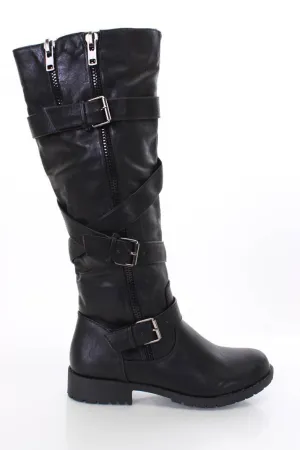 Black Faux Leather Double Zipper Wrap Around Strappy Boots