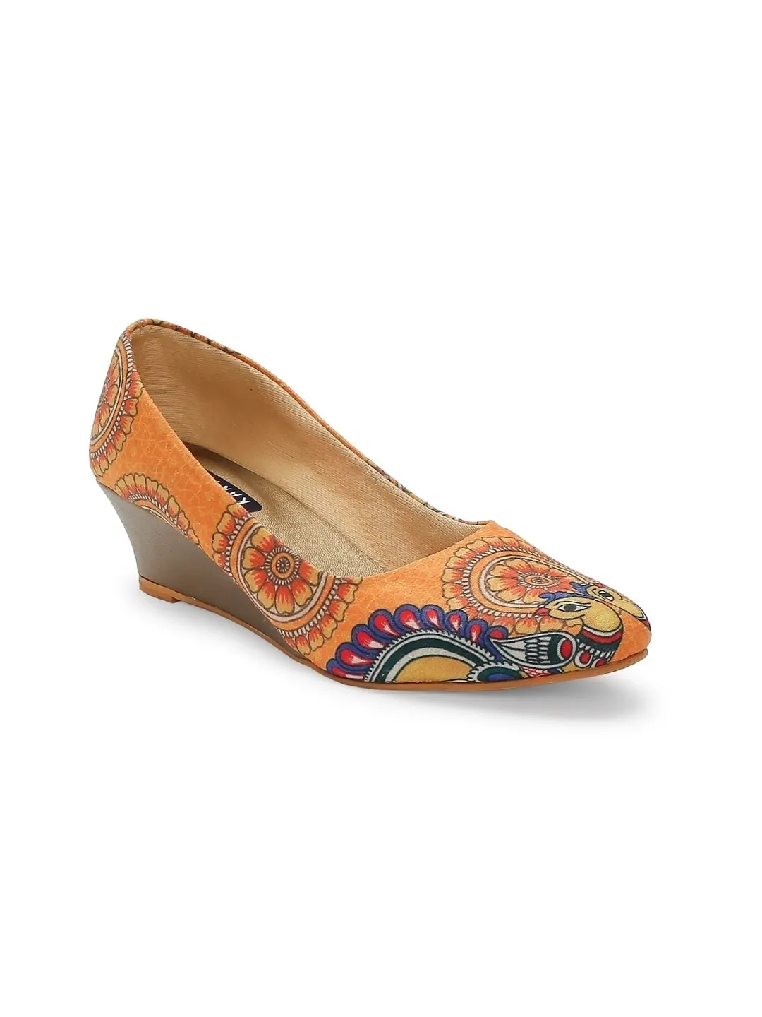 Orange Madhubani Art Wedge Heels