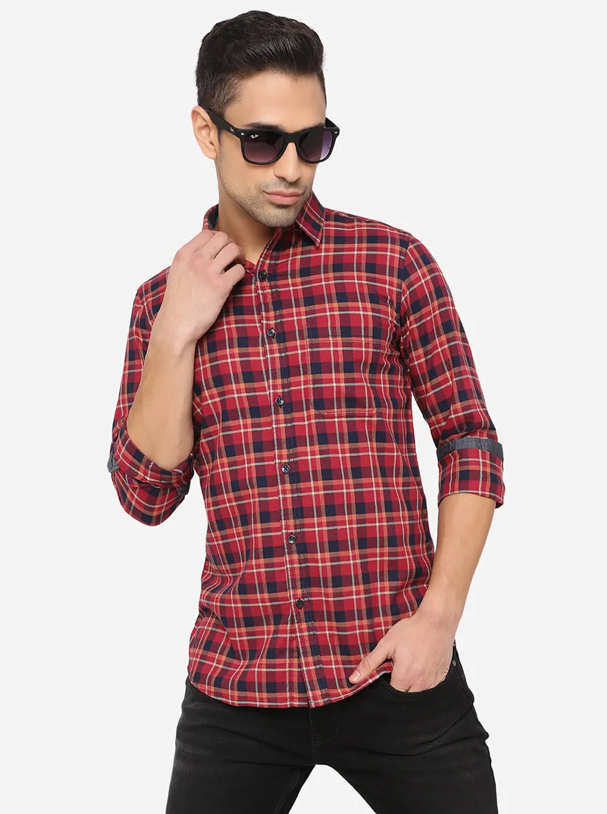 Red & Blue Checked Slim Fit Semi Casual Shirt | JadeBlue