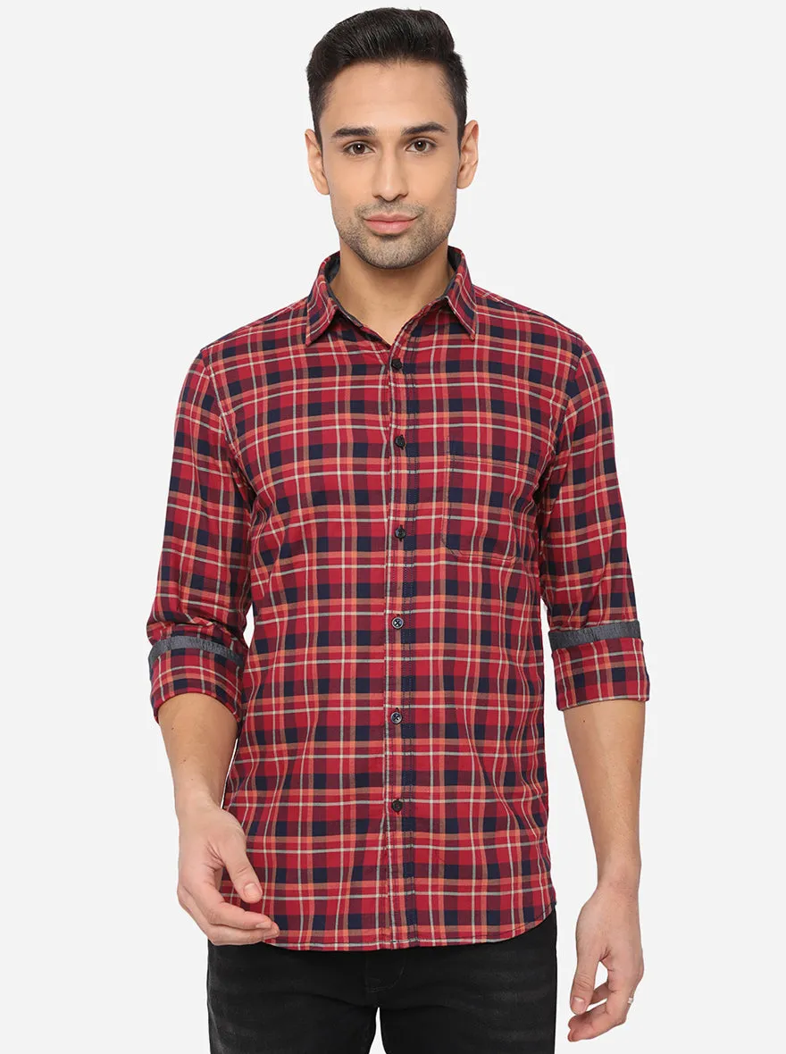 Red & Blue Checked Slim Fit Semi Casual Shirt | JadeBlue