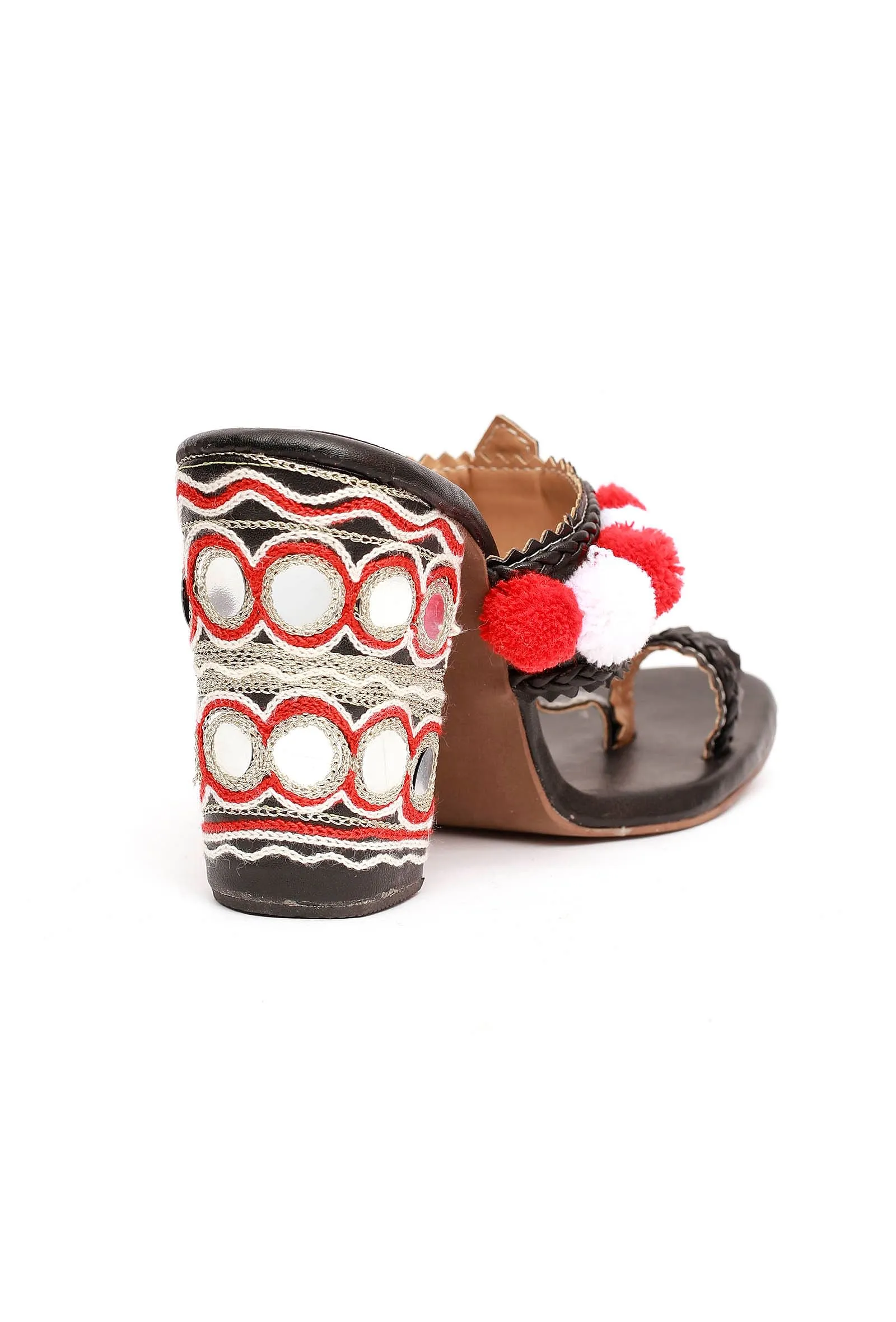 Red and White Pom Pom Kutch Block Heels