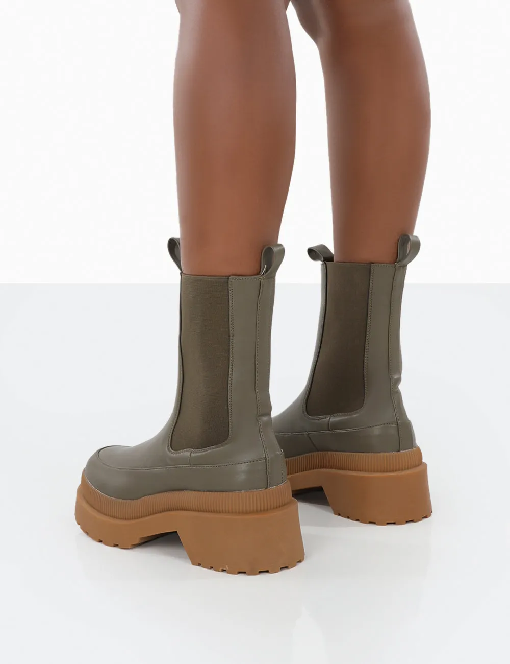 Rise Khaki Platform Chunky Rubber Sole chelsea Boots