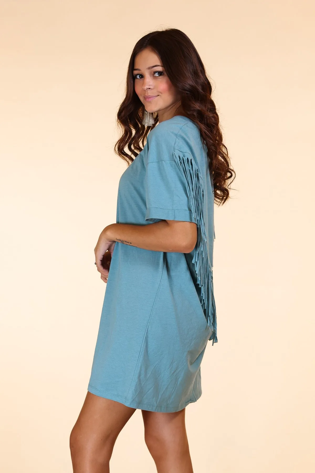 Southern Grace Just Leave Her Wild Fringe T-Shirt Dress, Sage