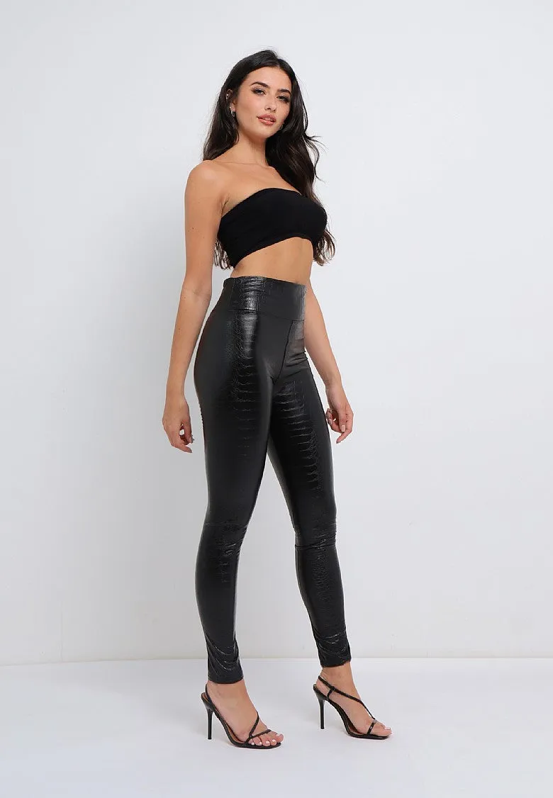 Textured Faux Leather PU High Waisted Leggings In Black