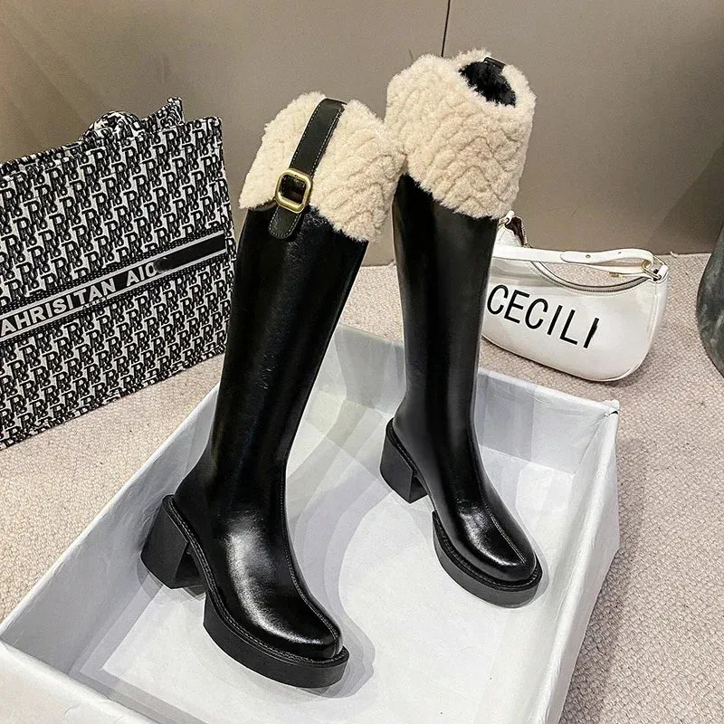 Trendy Knee High Square Heel  Belt Buckle  Boots