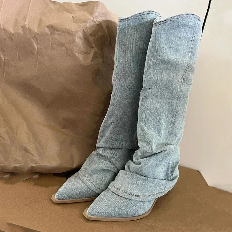 Trendy Pleated Denim Blue Thick Heeled Pointed Toe Western Boots