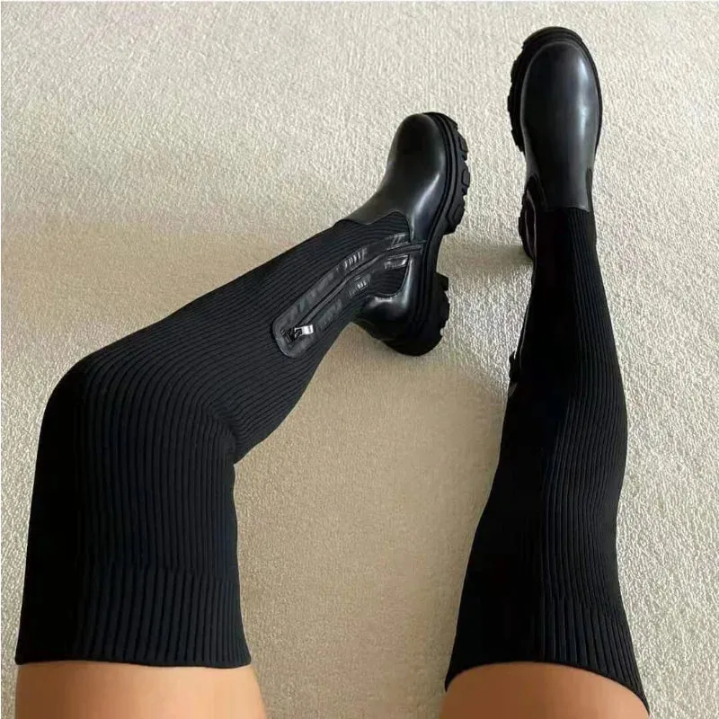 Trendy Thick Sole Knitting Thigh High Boots