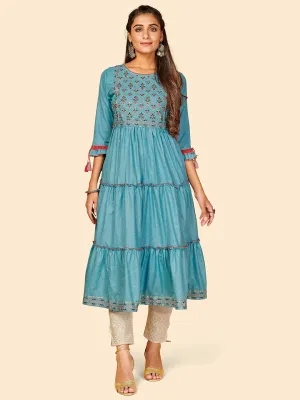 Women'S Embroidered Anarkali Yarn Dyed Sky Blue Stitched Kurta