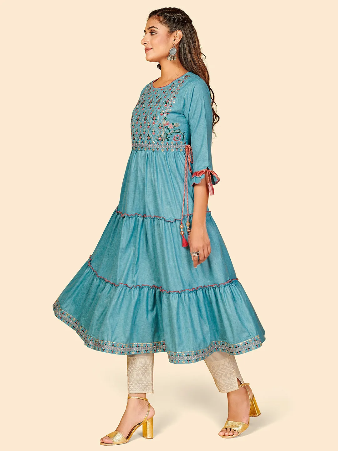 Women'S Embroidered Anarkali Yarn Dyed Sky Blue Stitched Kurta