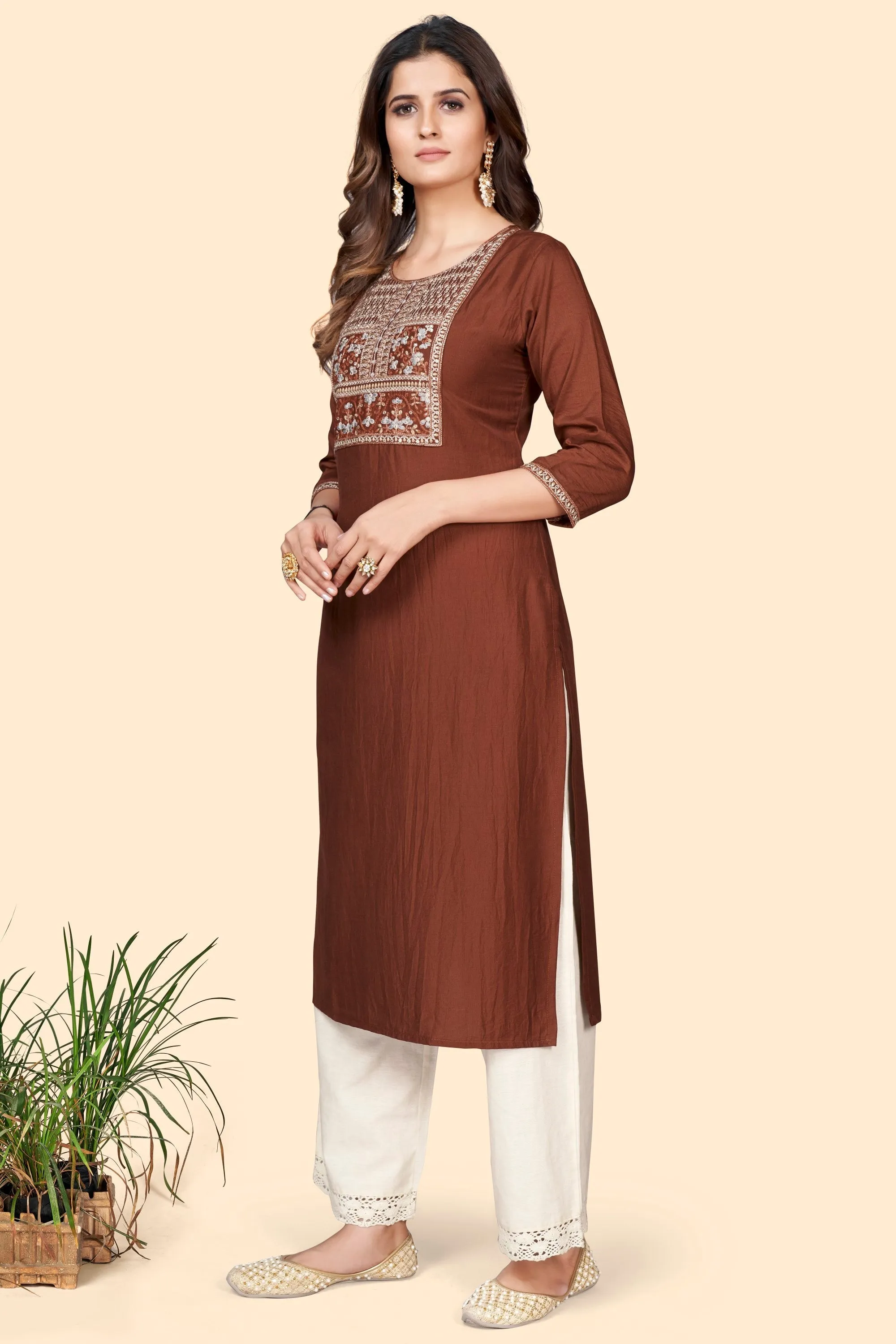 Women'S Embroidered Straight Chinon Brown Stitched Kurta