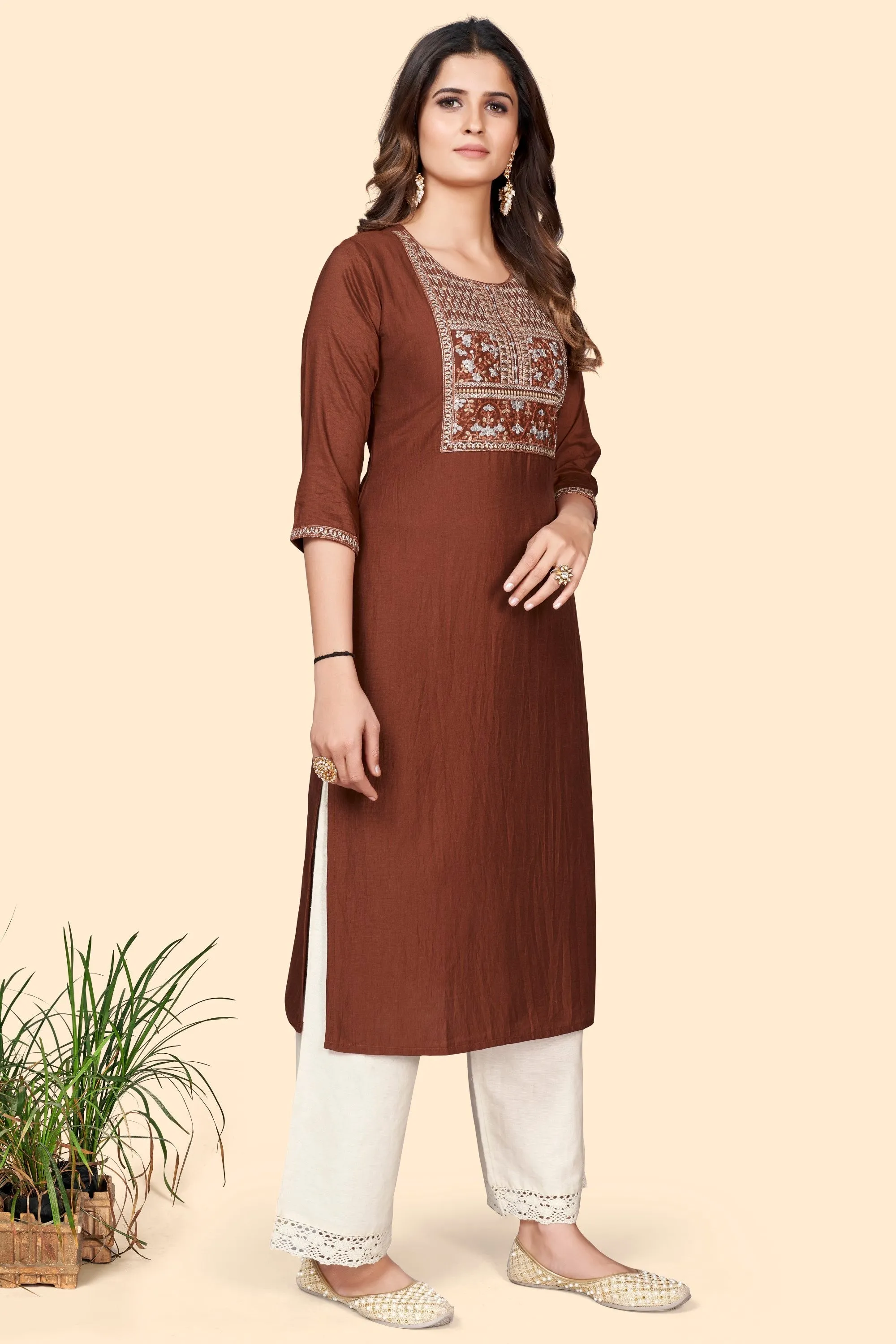 Women'S Embroidered Straight Chinon Brown Stitched Kurta