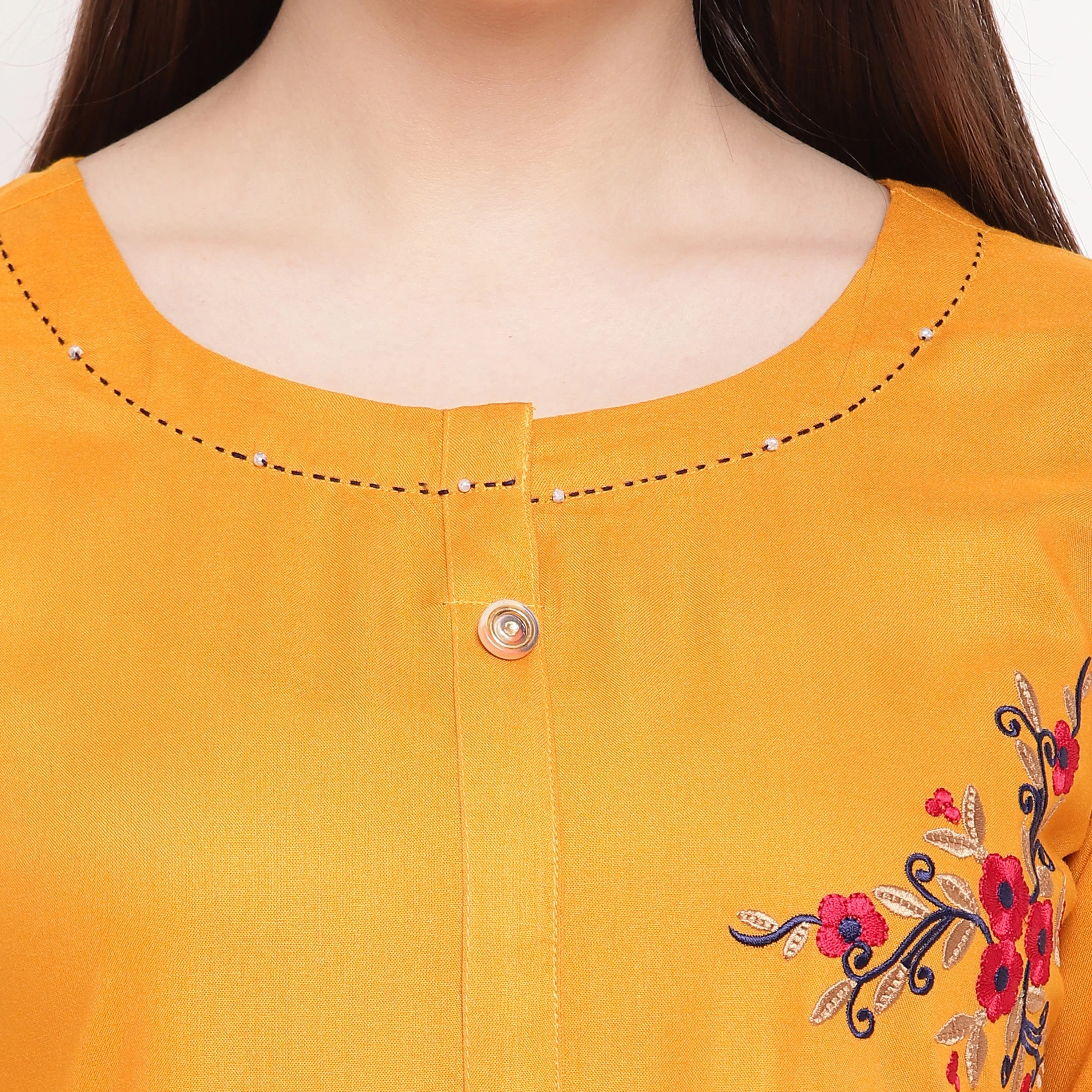 Women'S Embroidered/Solid Straight Rayon Yellow Kurta (1Pc)