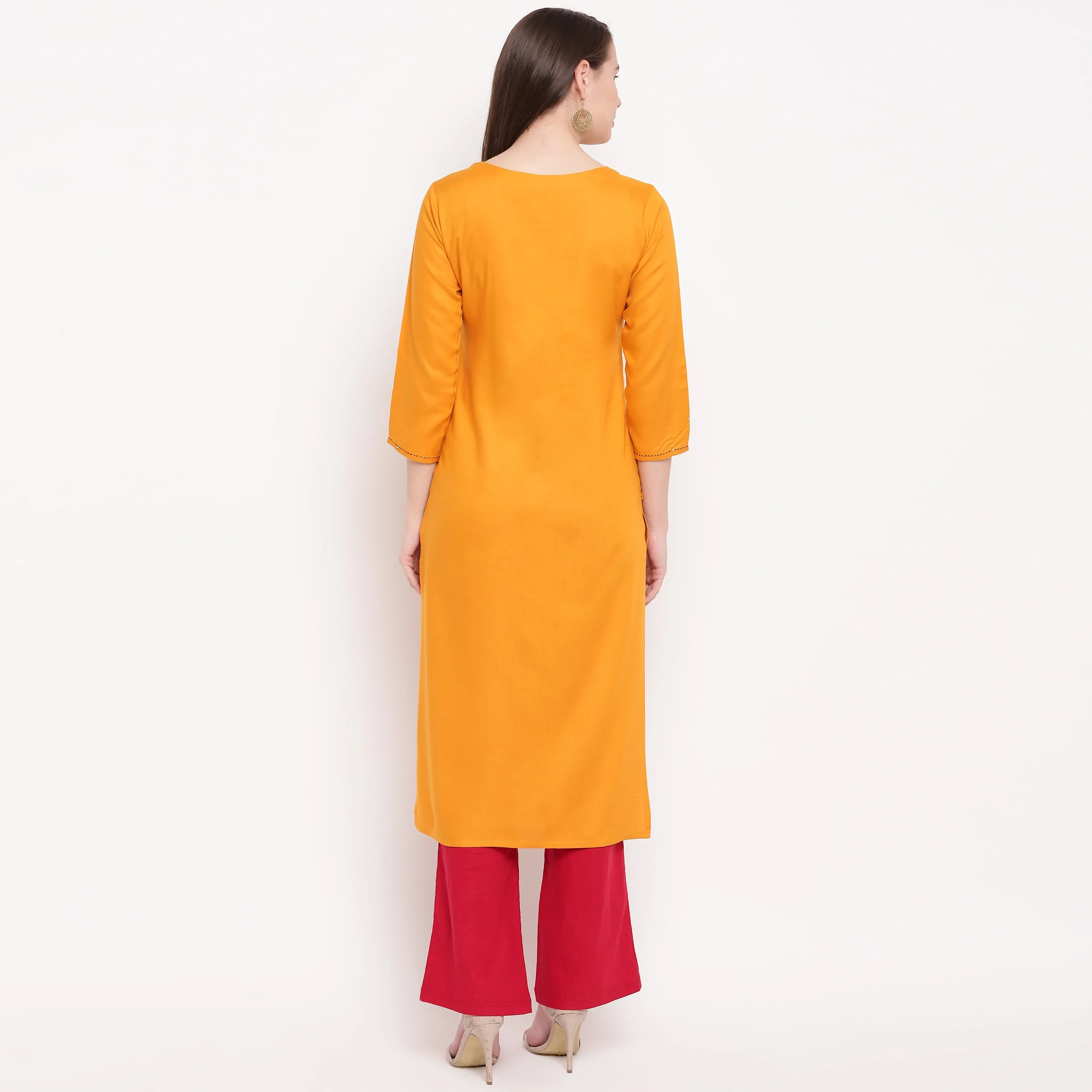 Women'S Embroidered/Solid Straight Rayon Yellow Kurta (1Pc)