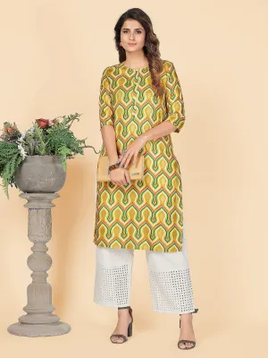 Women'S Foil Print Straight Rayon Yellow Stitched Kurta