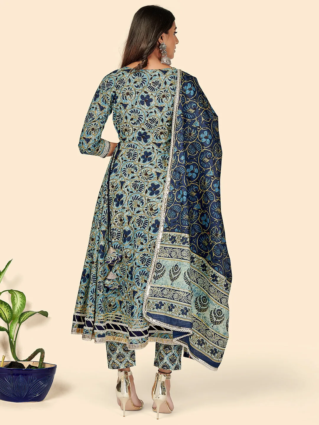 Women'S Print & Sequience Anarkali Cotton Blue Stitched Kurta Pant With Dupatta