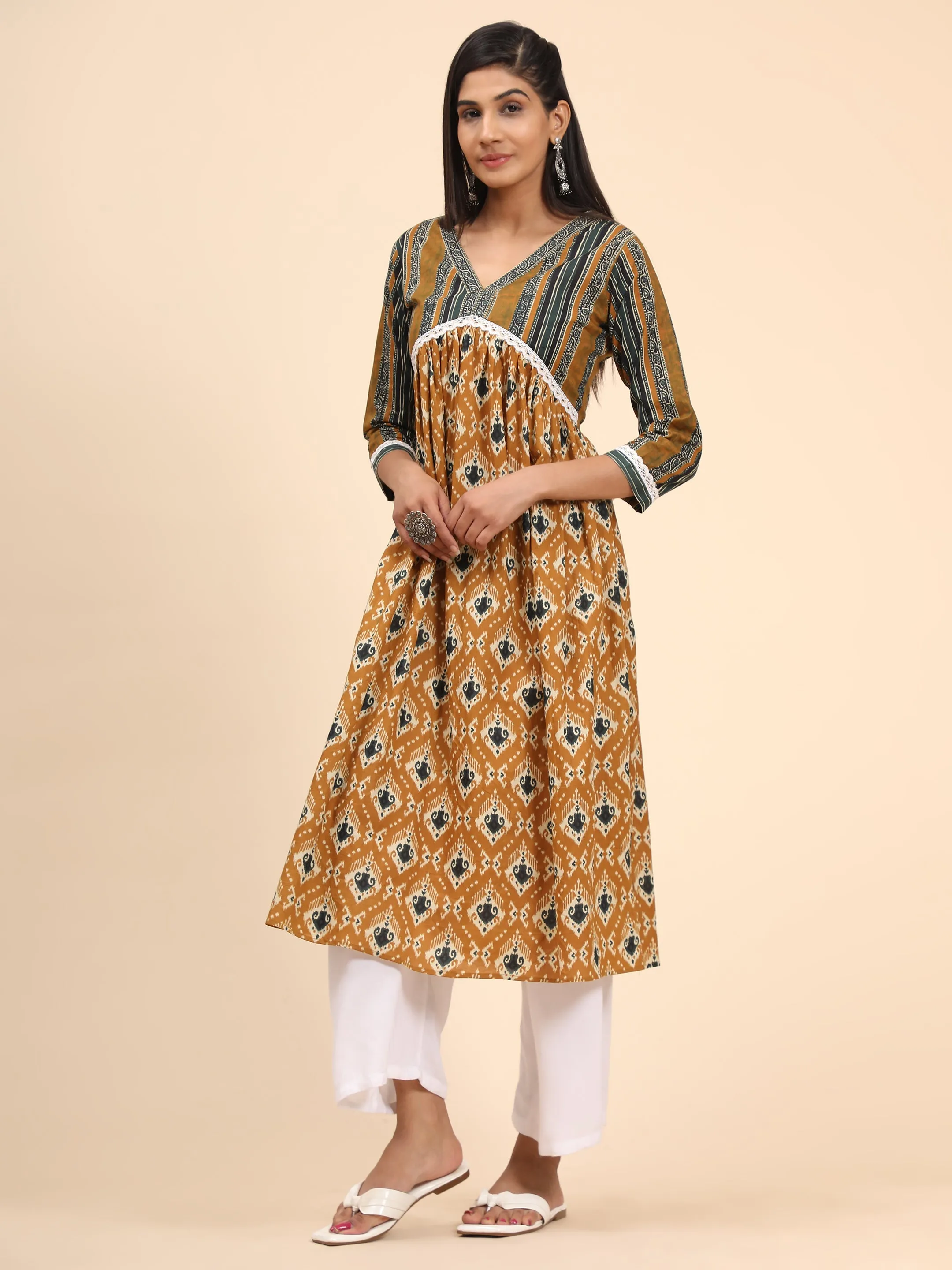 Women'S Printed A-Line Cotton Mustard  Stitched Kurta