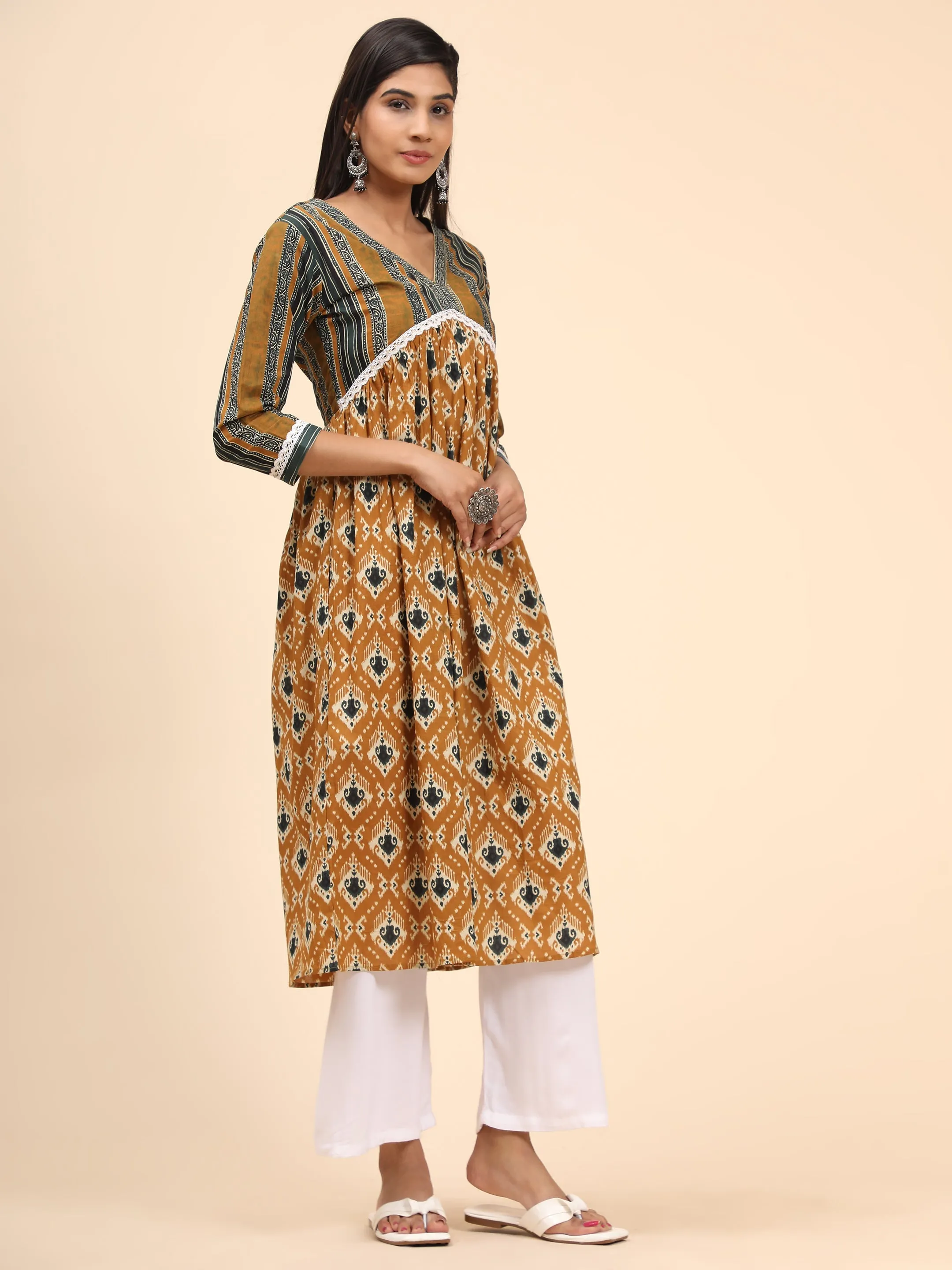 Women'S Printed A-Line Cotton Mustard  Stitched Kurta