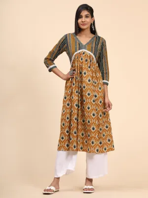 Women'S Printed A-Line Cotton Mustard  Stitched Kurta